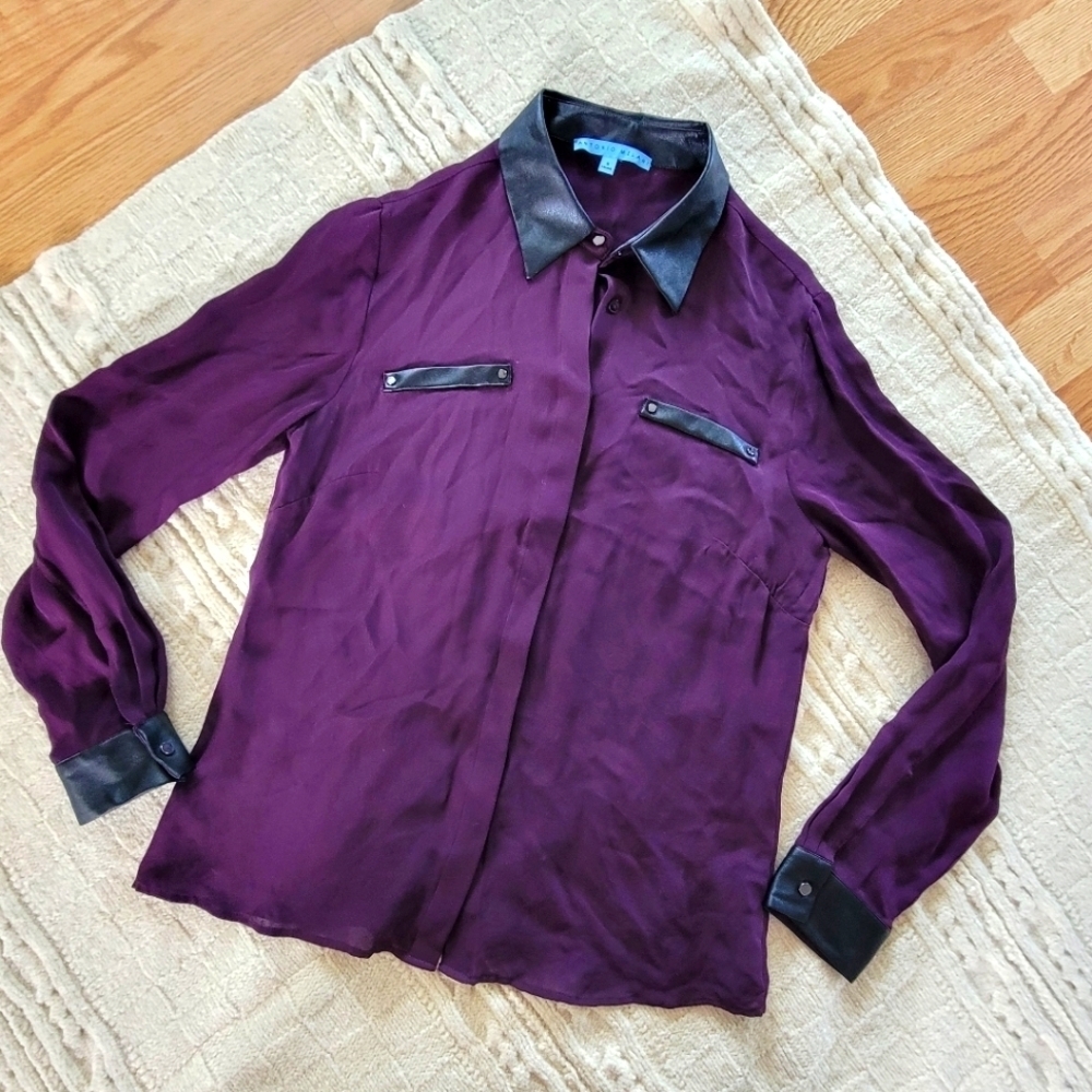 Antonio Melani Silk Chiffon Button Down Blouse Vegan Leather Accent sz S Purple